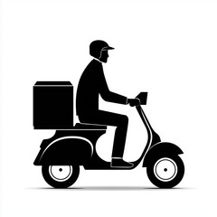 Black silhouette of a delivery person on a scooter with a box against a white background vector design