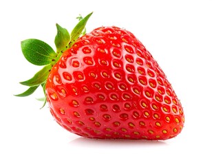 A ripe, bright red berry with seeds and green leaves on a clean white background