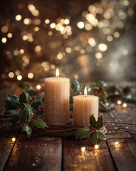 Candles and holly on rustic wooden table with twinkling fairy lights and warm ambient glow