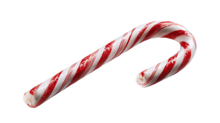 Festive red and white striped candy cane isolated on transparent background high resolution PNG Christmas sweet treat clipart for holiday design branding and social media