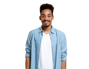 Smiling, young man with curly hair in a light blue shirt against a black background