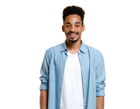 Smiling, young man with curly hair in a light blue shirt against a black background - Powered by Adobe