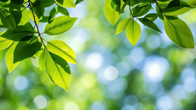 Vibrant green leaves dangling in front of a blue sky with sunlight streaming through.