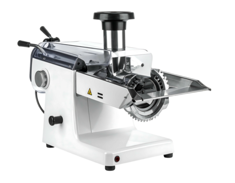 White machine with stainless steel components used to process food shown against a neutral background