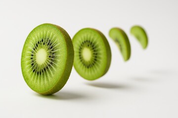 Kiwi slices captured in mid air forming a gentle diagonal wave with one slice sharp and others softly receding studio fruit minimal isolated on white