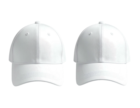 Two white baseball caps, side by side, both facing forward, against a black background