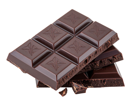 Stacked dark chocolate bar pieces with star patterns on squares, and broken fragments, against a black background - Powered by Adobe