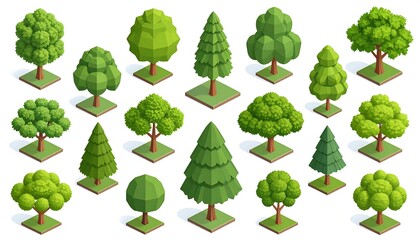 Isometric view collection of diverse stylized green trees and foliage