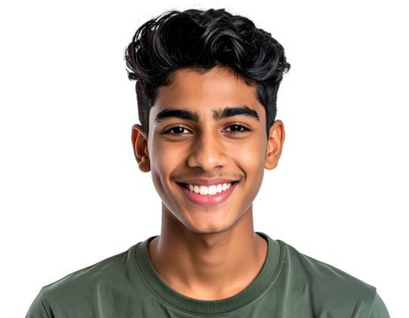 Smiling young man with dark, curly hair against a black background, wearing an olive green shirt