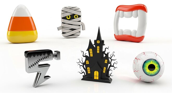 Halloween Icons Collection - Candy Corn, Mummy, Fangs, Frankenstein, Haunted House, Eyeball.