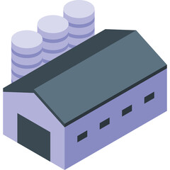 Isometric illustration of a factory building with three silos in a light purple and dark gray color scheme against a transparent background industrial architecture concept