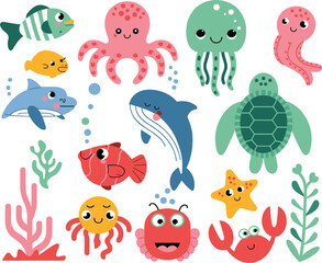 Cute Sea Creatures Underwater Vector Illustration
