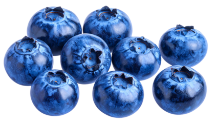 Vivid close-up of nine perfectly ripe blueberries arranged on a black background, showcasing texture and vibrant blue hue