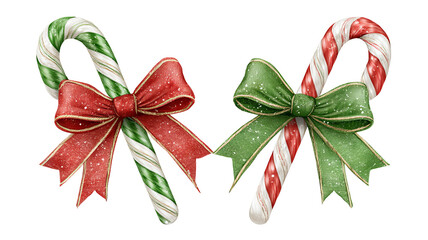 Colorful candy canes with green and red stripes and bow isolated high resolution PNG festive Christmas sweet treat clipart for holiday design