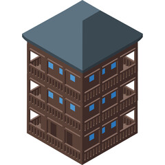 Isometric Illustration of a Four Story Wooden Building with Balconies and Blue Windows Against a Transparent Background