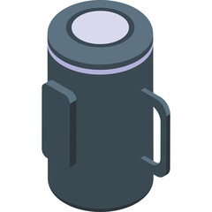 Isometric illustration of a dark gray cylindrical container with a light gray top and two black handles on a transparent background representing a thermos or a storage vessel