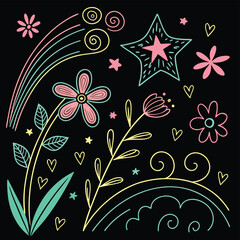 Pastel doodle flowers stars hearts swirls vector
