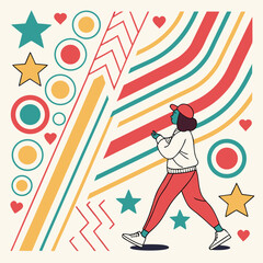 Person walking amidst colorful geometric shapes abstract