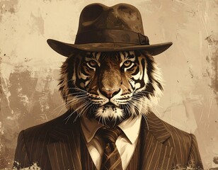 A regal tiger wearing a hat and suit, classic style art