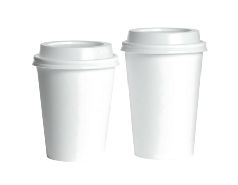 Two white paper cups with lids stand side-by-side on black background, one smaller than the other. Isolated
