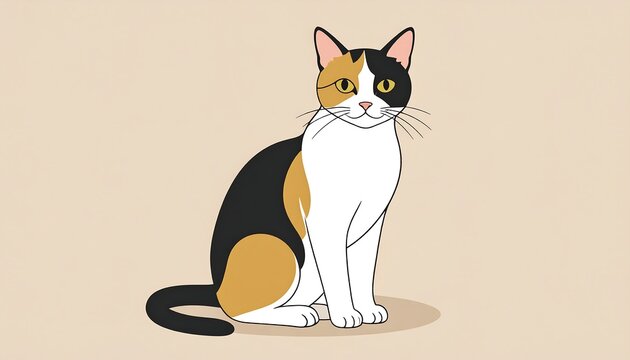 A cartoon calico cat sits upright on a neutral tan background