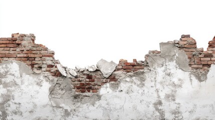 Crumbling brick structure with clearly visible break lines and rough textures, bricks partially fallen, stark white backdrop