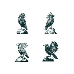 Set of four vintage engraving style bird logos with tribal feathered headdresses. Detailed monochrome vector illustrations of eagles or ravens standing on rocks