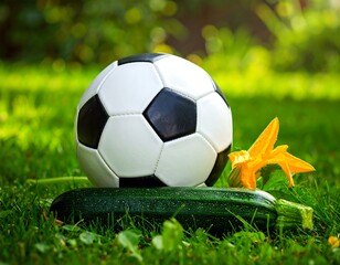 A soccer ball resting on a zucchini with a flower in grass