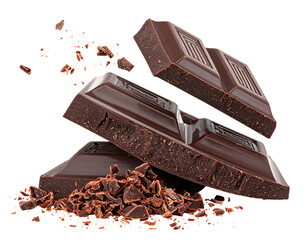 Stacked dark chocolate pieces, some crumbled, on a transparent background, studio lit