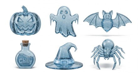 Fototapeta premium Halloween Icons Set Blue Transparent Objects.