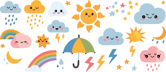Cute weather icons including sun rainbow clouds