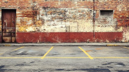 Industrial grunge background showing street-level view of a warehouse brick wall, subtle graffiti and urban wear