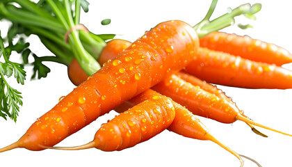 Vivid cluster of orange carrots with green tops, speckled with glistening droplets against a stark black background