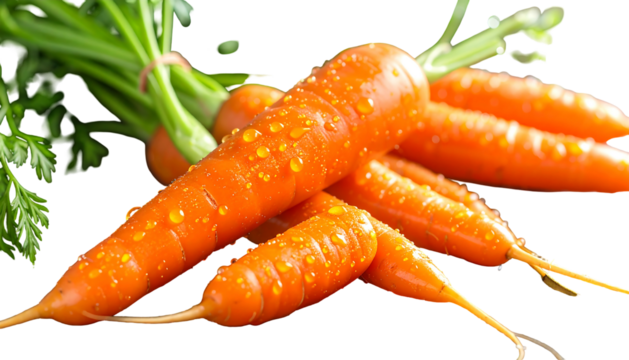 Vivid cluster of orange carrots with green tops, speckled with glistening droplets against a stark black background