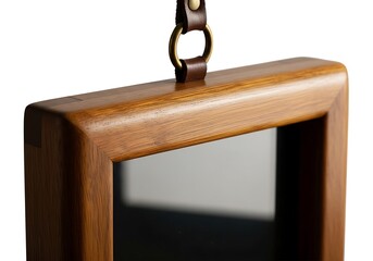 Close-up of a wooden framed mirror hanging by a leather strap reflecting a dark surface.