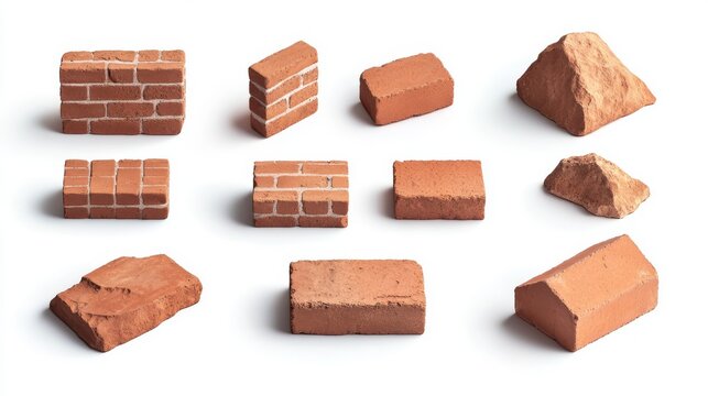 Neatly arranged group of red clay bricks in various orientations, high detail texture, isolated on a clean white background