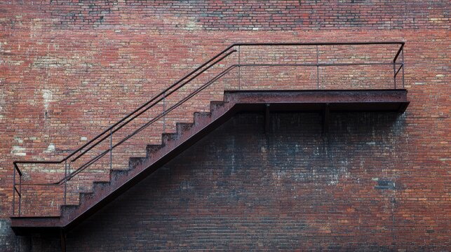 Perspective shot of brick building side wall featuring narrow staircase, metal railings and platforms mounted against textured bricks