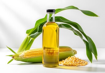 Golden corn oil bottle with fresh corn cobs and kernels for healthy cooking