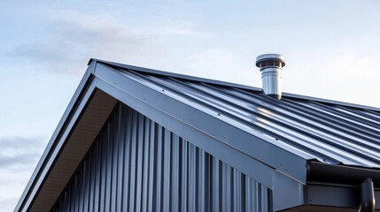 Side view of a modern metal roof with glossy coated panels, silver rain gutter running along edge, vertical water pipe catching sunlight