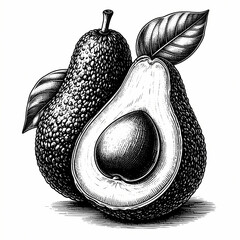 Detailed black ink engraving features whole and halved avocados with leaves, creating vintage feel.