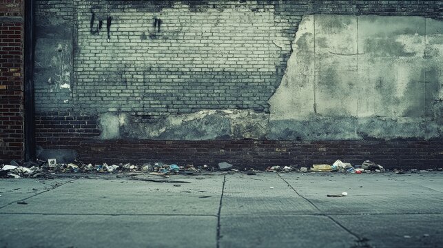 High-resolution shot of an industrial urban street with broken sidewalk and old brick wall, trash scattered subtly in corners