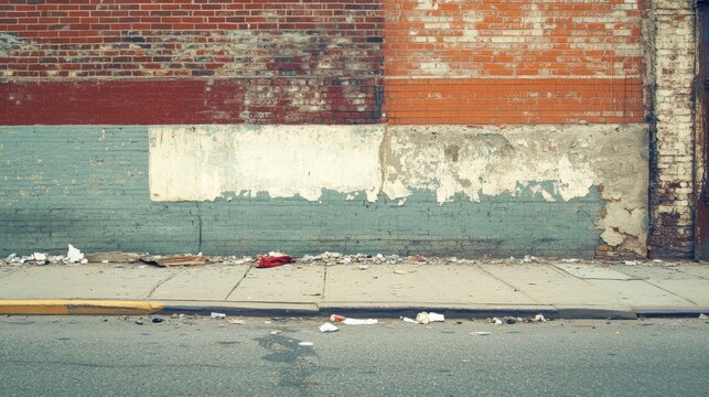 High-resolution shot of an industrial urban street with broken sidewalk and old brick wall, trash scattered subtly in corners