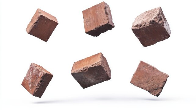 Six realistic red clay bricks frozen mid-air in dynamic falling motion, detailed textures and sharp edges, isolated on white background