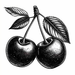 Two cherries hang from a stem with leaves in a black ink hand-drawn vintage engraving style.