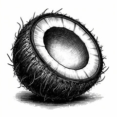 Detailed engraving of a halved coconut reveals its inner texture in an artistic style.
