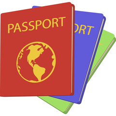 Three Passports Stacked Red Blue Green with World Globe Emblem on Front Red Passport International Travel Document Symbols