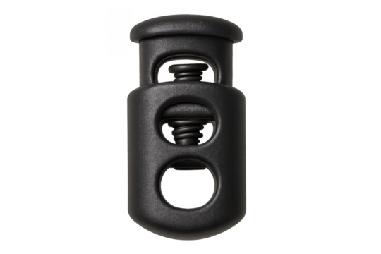 Black plastic cord lock stopper with internal spring