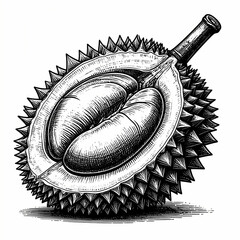 Durian fruit open showcasing the interior, in black ink engraving style on transparent background.