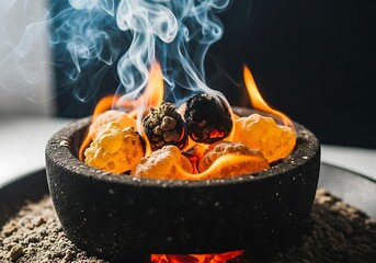 Burning incense bowl emitting fragrant smoke in a close-up shot