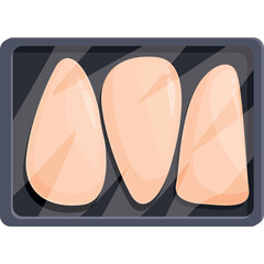 Three raw chicken breast fillets arranged in a black tray with a gray plastic film over them on a transparent background with a white and gray abstract pattern